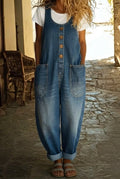 Dames Denim Jumpsuit, Mouwloos, Wijde Pijpen, Knoopsluiting